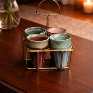 Elegant Ceramic Tea Cup Set with Metal Holder – Premium Serving Set