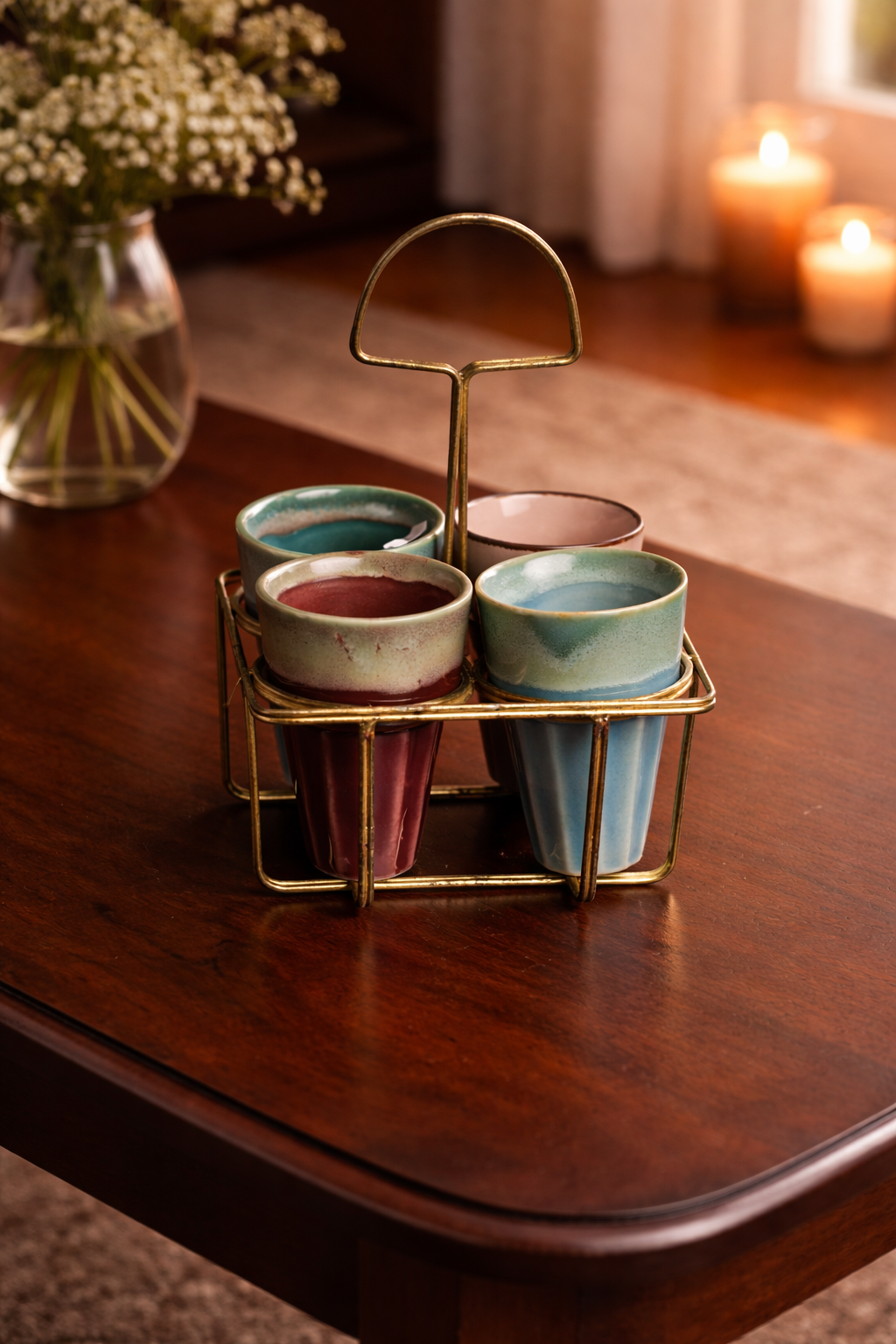 Elegant Ceramic Tea Cup Set with Metal Holder – Premium Serving Set