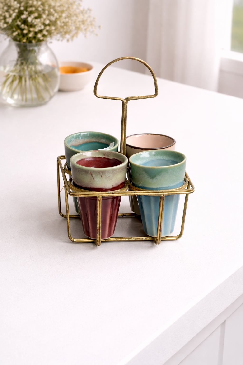 Elegant Ceramic Tea Cup Set with Metal Holder – Premium Serving Set - Image 2
