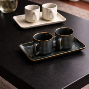 Modern Ceramic Coffee Cup Set with Serving Tray – Elegant Dual Tone Design