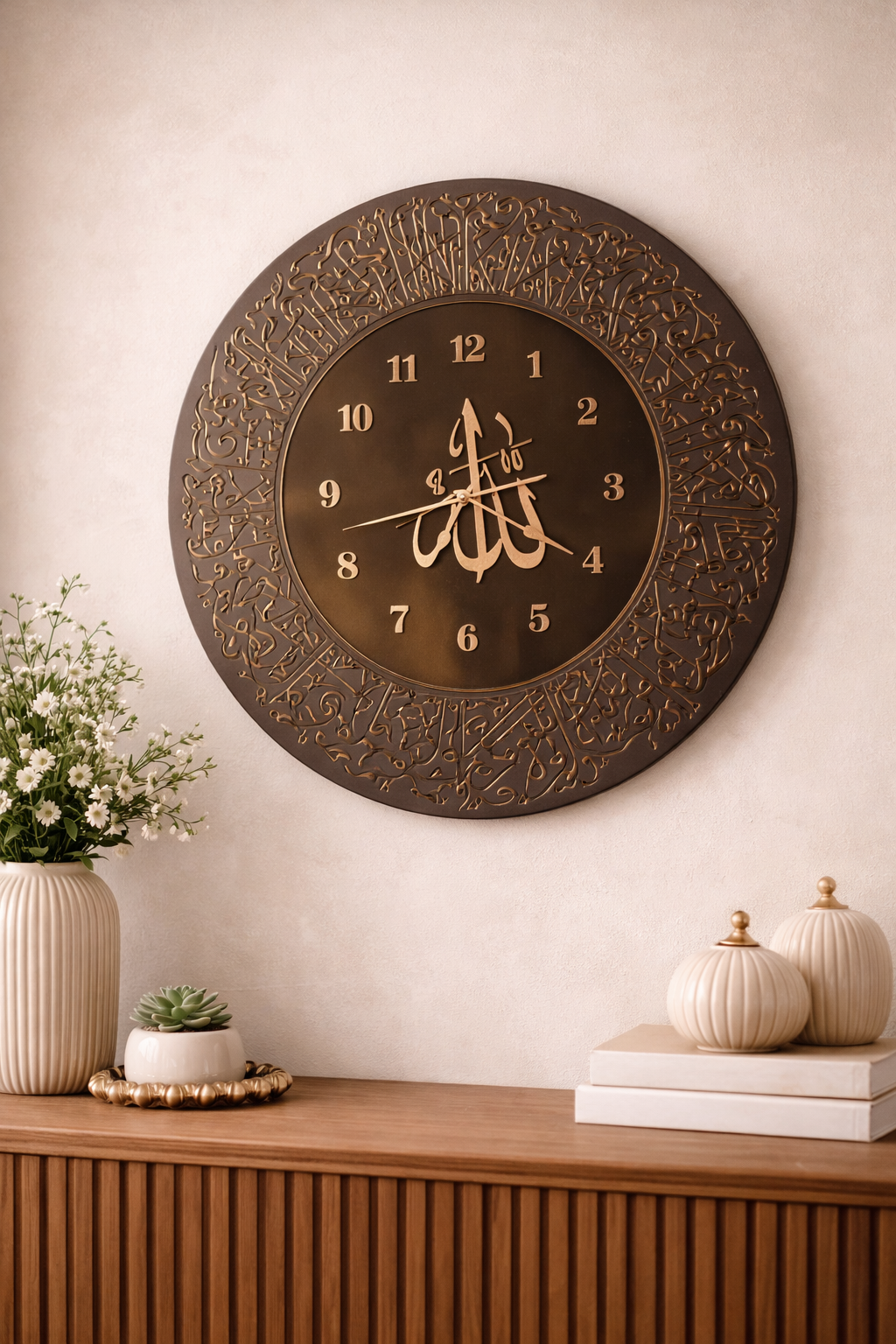 Luxury Islamic Wall Clock – Gold & Black Calligraphy Round Frame - Image 2