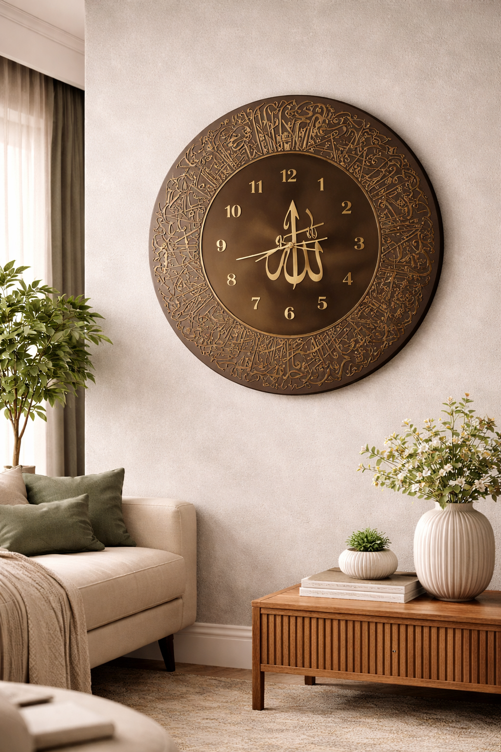 Luxury Islamic Wall Clock – Gold & Black Calligraphy Round Frame